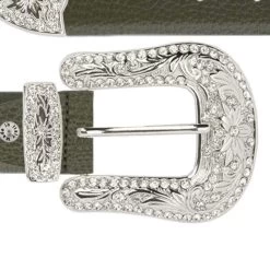 Olive Green Womens Western Belt With Rhinestone Buckle