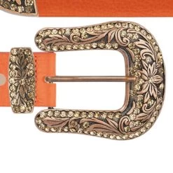 Orange Womens Western Belt With Copper Rhinestone Buckle