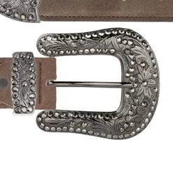 Taupe Brown Suede Belt With Black Crystal Buckle
