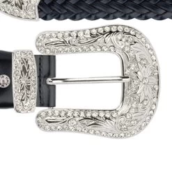 Western White Crystal Buckle Belt – Black Braided Leather