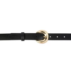 Women Black Leather Belt With Round Gold Buckle