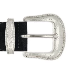 Womens Black Designer Western Belt With Floral Buckle