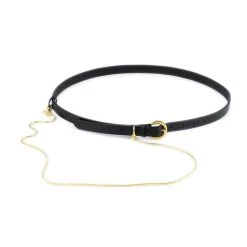 Womens Black Leather Belt With Gold Snake Chain