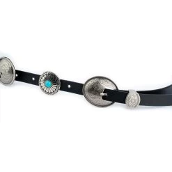 Women’s Concho Belt Double Buckle | Black Real Leather