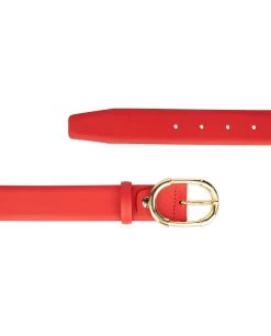 Womens Red Leather Belt With Gold Buckle