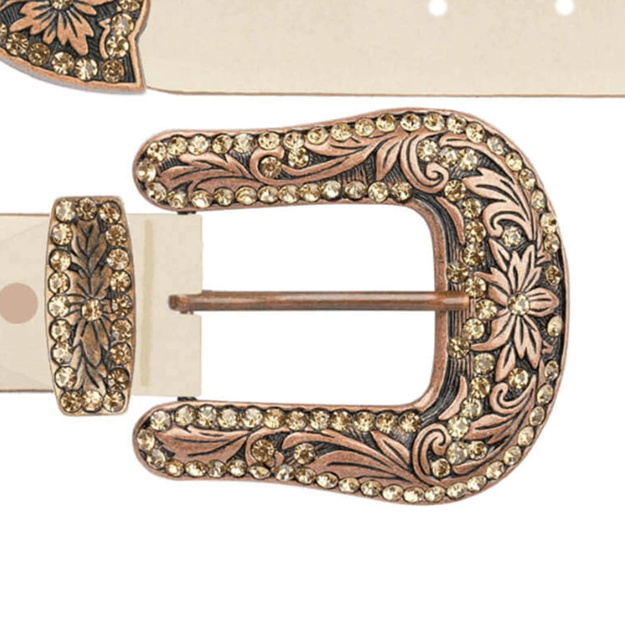 Womens Western Taupe Belt With Copper Crystal Buckle 3 Womens Western Taupe Belt With Copper Crystal Buckle